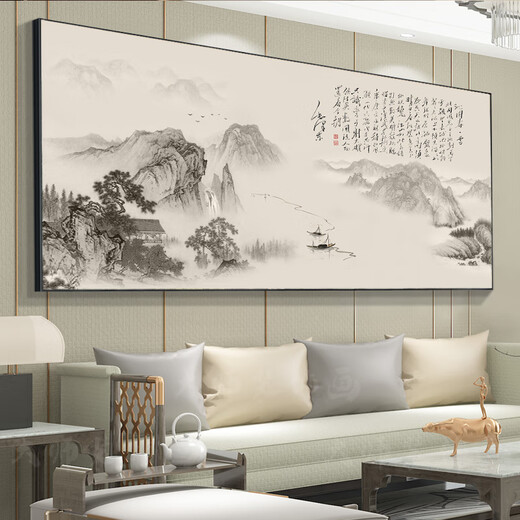 妍林居茶室挂画中式书法字画办公室风景山水墨画客厅茶桌背景墙装饰壁画 CT-3887背有靠山 140*60cm铝合金边框+晶瓷工艺