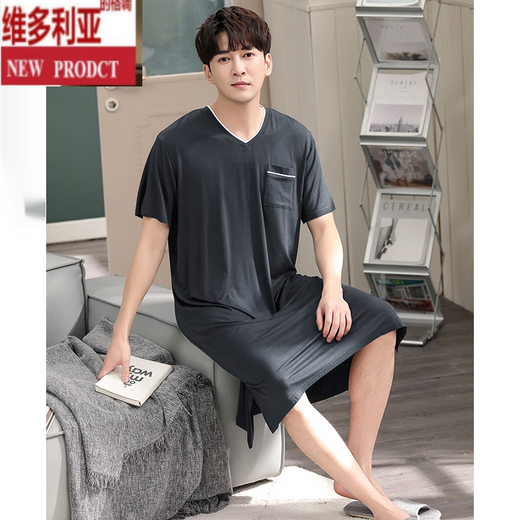 Victoria Summer Men Summer Camisón de manga corta Integrado de estilo delgado Modal de longitud media de longitud media suelta Summer de verano YM844 Flower Gray Men's Nightgown L Altura 170-175 Peso 120-140Jin [Jin iguala 0.5 kg]