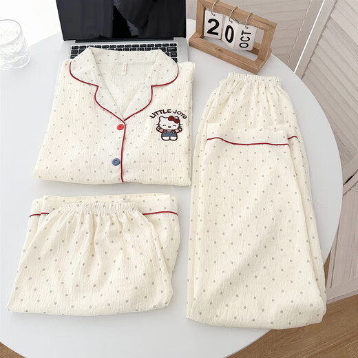 Jingpufei Hellokitty Pajamas для женщин весной и летом хлопковой хлопковой сетей с тремя частями, набор домашней одежды Yunduo Cotton-9902# Star KT Cat Three-Set Set M [Предложение 75-100JIN [JIN равен 0,5 кг]]]]