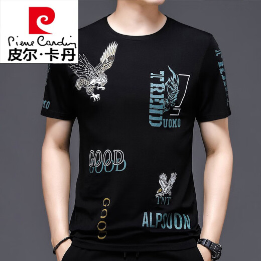 皮尔卡丹（pierre cardin）短袖T恤男夏季新款印花虎头宽松休闲冰丝半袖体男士薄款冰感潮T恤 829条纹字母黑色 M 165/ 建议95-120斤