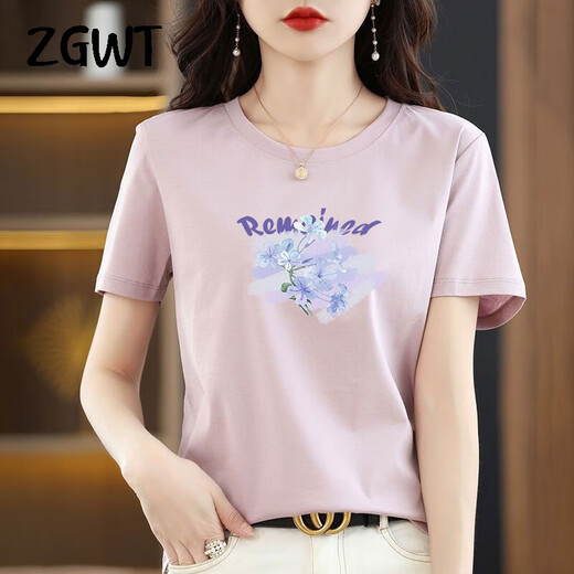 
ZGWT light luxury high-end brand short-sleeved T-shirt for women loose new summer fashion round neck versatile base shirt top 6212 gray pink short-sleeved 2XL (recommended 135-150Jin [Jin equals 0.5 kg])