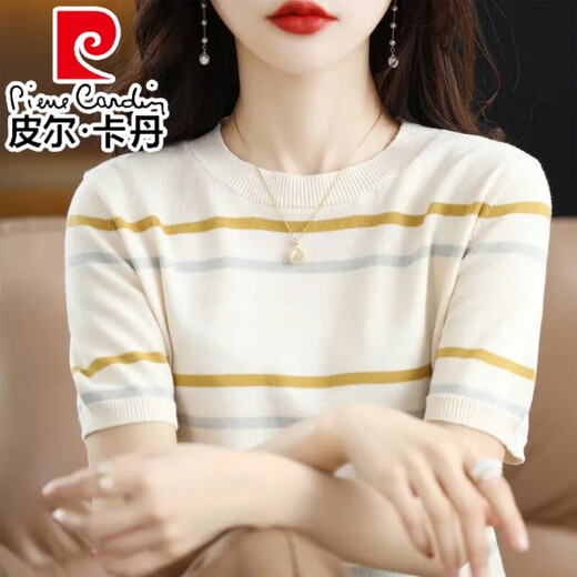 皮尔卡丹（pierre cardin）条纹短袖T恤女百搭2025夏季新款拼色圆领冰丝针织衫半袖短款上衣 761#草莓粉 S 建议90斤以内