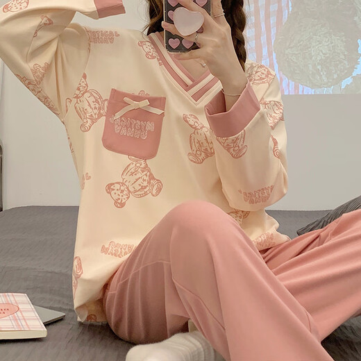 浅伊琳睡衣女春秋季韩版长袖长裤可爱卡通套装可外穿夏秋冬款大码家居服 宝蓝色 t9922图色 M  (建议75-95斤)