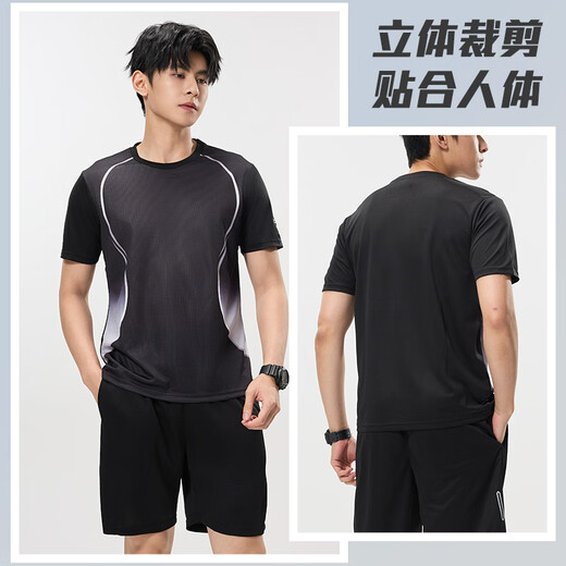 维多利亚旅行者运动套装男跑步速干篮球服健身服夏短袖短裤羽毛球服黑灰3XL