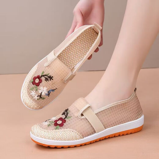 Woodpecker summer new style mesh breathable ancient style Hanfu women's shoes old Beijing cloth shoes women's mesh breathable mother's embroidered shoes off-white 37