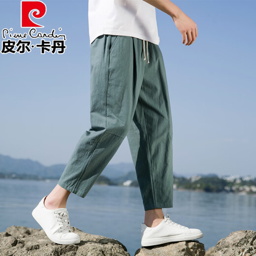 Pierre Cardin linen nine-point pants men's autumn thick cotton and linen pants men's casual pants straight loose sports pants nine-point pants trendy Khaki 3XL 151-169Jin Jin is equal to 0.5 kg