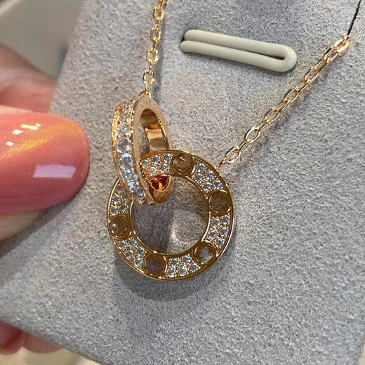 Hunter 18K rose gold double ring necklace women's ring set with diamond pendant full of diamonds au750 clavicle chain jewelry double ring without diamonds