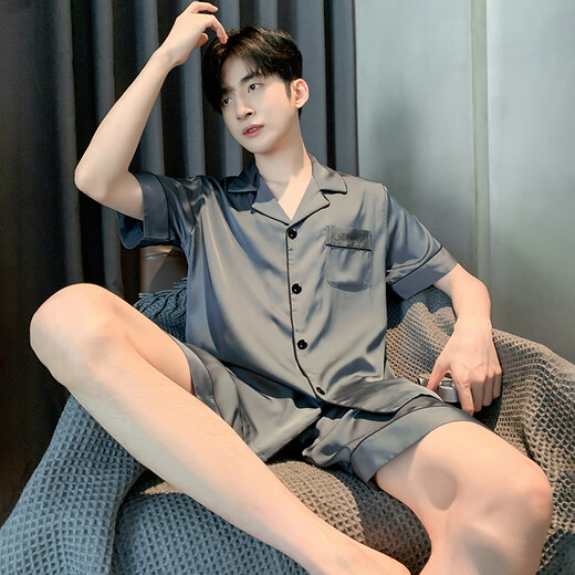 莫代尔睡衣男款夏季冰.丝短袖短裤纯色青年男士夏天薄款可外穿家居服套 (BBA)冰丝 男G723 L (建议身高170左右，体重100-