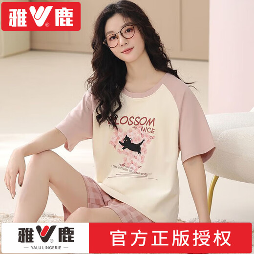 雅鹿纯棉睡衣短袖女2025新款夏粉色格子短裤樱花黑猫家居服套装凉感 品牌OY719 M (适合体重80-102斤)