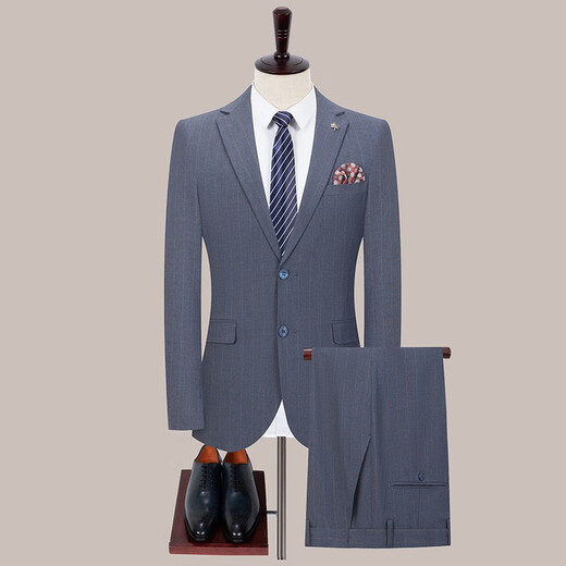 高端新款春秋季西服套装男商务休闲免烫职业西装两件套 6169-蓝条-两粒扣-双开叉 XXS 165留言裤子尺码或者腰围