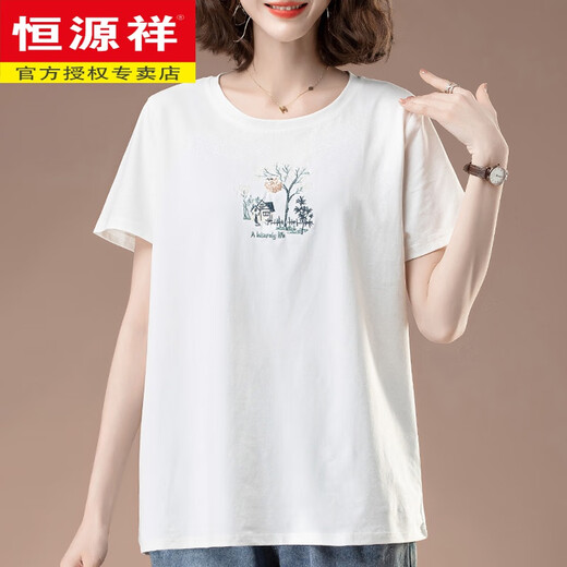 恒源祥短袖T恤女夏季新款加大码宽松纯棉中年妈妈百搭显瘦白色刺绣上衣 棕黄【6219款】 XL 115-130斤