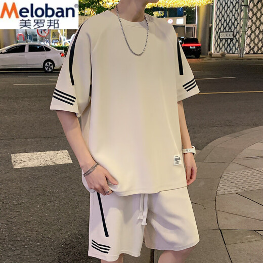 美罗邦（Meloban）休闲运动套装男夏季新款宽松冰丝短袖t恤男士短裤搭配帅气一整套T FKS653白色 L 建议【110-130】斤