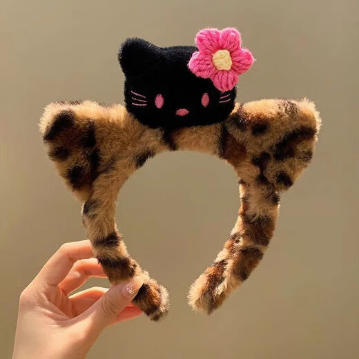 Cute leopard print cat plush headband, home girl face wash headband, female headband, makeup mask, hair clip, black KT cat