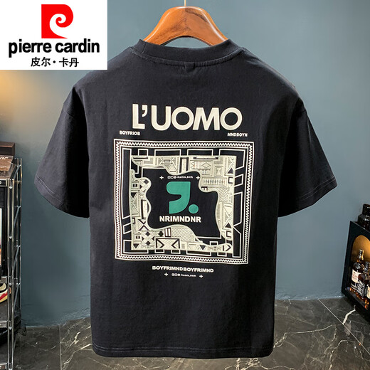 皮尔卡丹（pierre cardin）夏季ins潮牌T恤男宽松薄款发泡印花休闲体恤百搭凉感圆领半袖上衣 黑色【微宽松舒适版型】 【ZJ1098黑色】 M 适合95-110斤穿