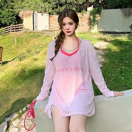 铂呐苓泳衣女 2025长袖罩衫分体三件套泳衣甜美少女沙滩温泉度假泳装 分体泳衣三件套【粉色均码】