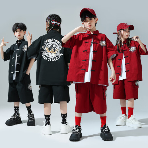 Kamiban Children's Hip-Hop Chinese Style Performance Costumes Child's Child's Childal Cost Boys and Girls New Chinese Street Dance Performance Costumes Trendy 319 Black Cost + 841 White Short Manches 160 cm