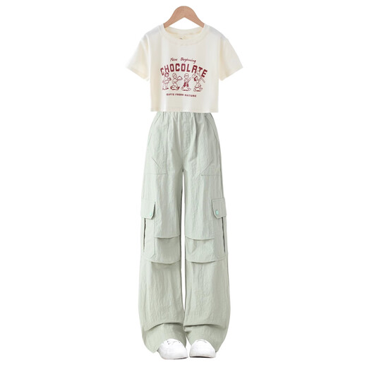 
NICKYBABY Girls Summer Set 2025 New Children's Short Sleeve Worksports Summer Clothes Cool and Smoothing Big Children's Girls Clothes 15265 Green + 9937 meters white 150 cm