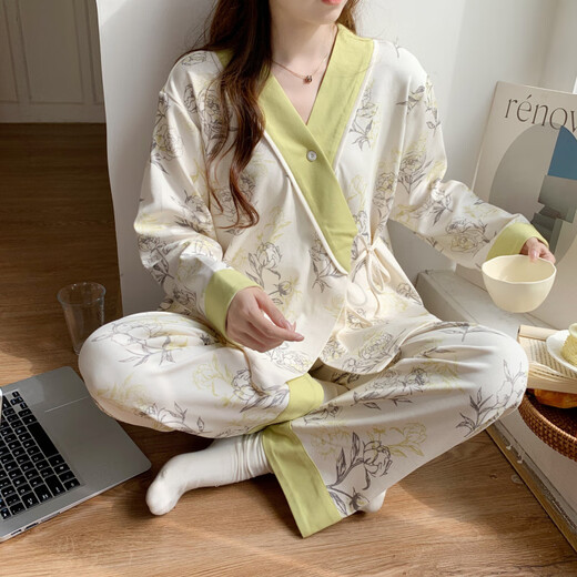 猫人（MiiOW）新中式纯棉月子服产后产妇孕妇哺乳睡衣夏季薄款套装45月份春秋季 1105蓝天鹅 M [80-100斤]