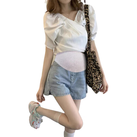 紫薇琪孕妇牛仔短裤女夏季薄款外穿裤子夏款三分安全裤夏天休闲阔腿夏装 829-2破洞款【蓝色】 L