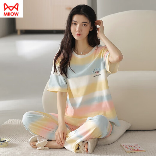 猫人（MiiOW）纯棉睡衣女短袖长裤夏季韩版女士圆领套装薄款全棉外穿家居服 RN9717#短袖长裤纯棉 M (80-100斤)