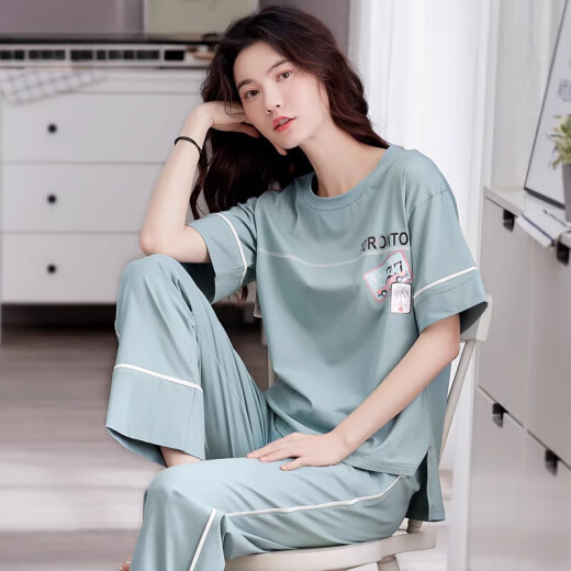 莫代尔睡衣女款夏季2025新款棉薄款宽松家居服短袖长裤休闲可外穿套装 7371 L 【建议100-120斤】