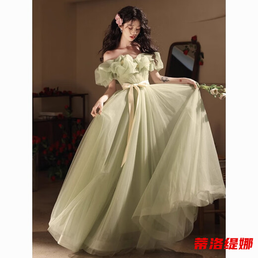 Tilotina one-shoulder evening dress high-end light luxury niche elegant and grand banquet performance graduation adult ceremony dress female green S