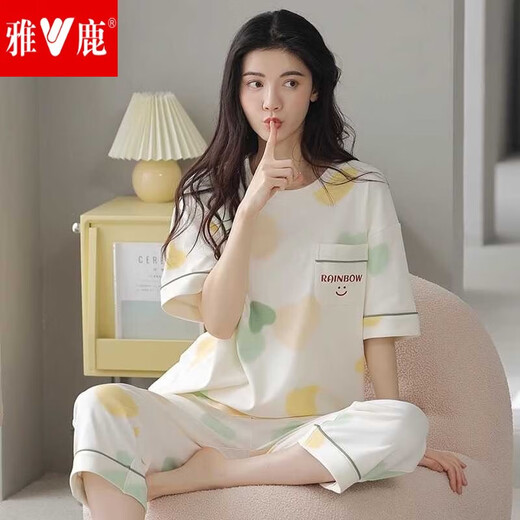 雅鹿2025睡衣女士夏季纯色棉短袖七分裤可外穿甜美休闲棉家居服 9855短裤 M  建议75-90斤穿B
