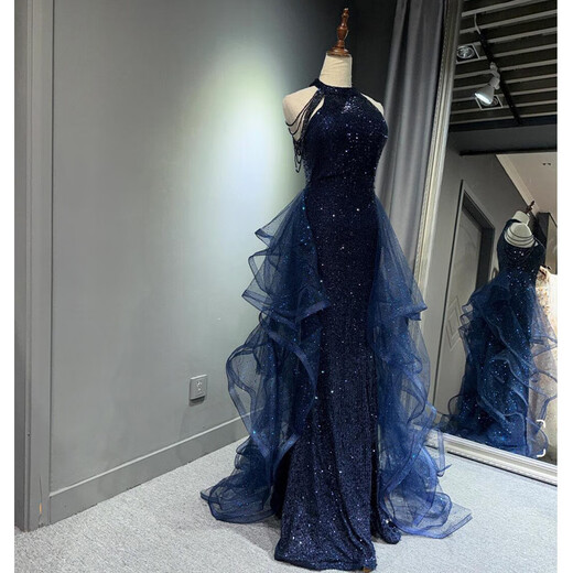 Abendkleid Blau Frauen Neue leichte Luxus Nische High-End Piano Vokalmusik Violin Art Exam Host Jahrestreffen Kleid m