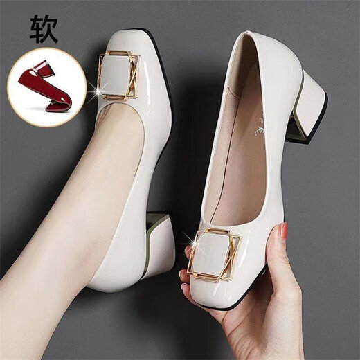 Dadong Mot secret en cuir doux Solide Sole Single Chaussures 2025 Printemps et été Nouveau talon moyen talon épais talon non glissé Light Mouth Chaussures en cuir haut de gamme Chaussures Beibai 37
