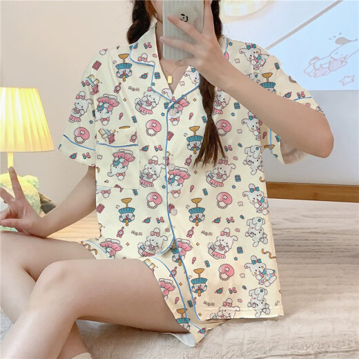 Pajama de primavera y verano de Hanrui para mujeres seda de seda de leche de dibujos animados de tres piezas ropa casera 14118 170 m