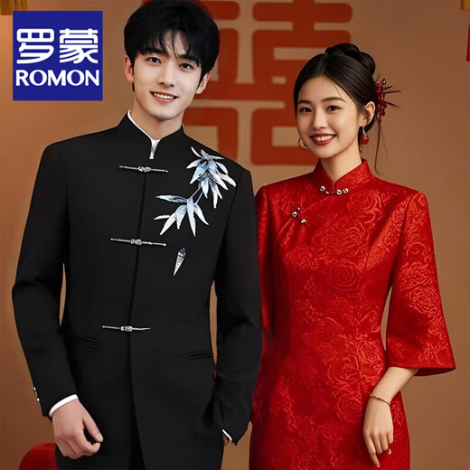 ROMON New Chinese tunic suit groom wedding suit toasting suit retro Tang suit Chinese style jacket black three-piece suit jacket + pants + white shirt L