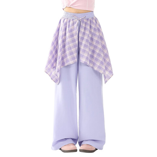 Pitt Pitt Girls' Wide Legs Summer 2025 New Children's Butt Curtain Pants Large Children's Summer Plaid Pants Ice Wire Mosquito Repellent Pants 15290 Purple + 15277 Blue 120 cm