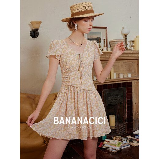 
banana cici 2025 summer new French temperament short skirt pleated floral waisted V-neck dress C252LY724 Pink S