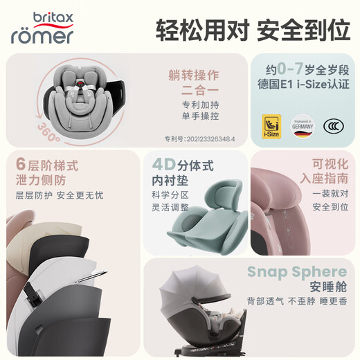 宝得适（BRITAX）宝宝儿童安全座椅0-7岁isize认证正反360°旋转成长骑士 通风款 Air月光灰