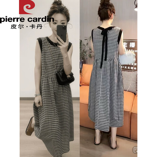 
Pier Cardin American retro plaid vest mid-length skirt for women's temperament, fashionable loose slimming back lace sleeveless dress plaid vest dress 9855 M (100-115Jin[Jin equals 0.5 kg])