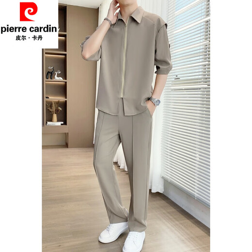 皮尔卡丹（pierre cardin）冰丝短袖衬衫套装男士夏季休闲轻熟穿搭高级感抗皱西裤男装一整套 727米白色【长袖】+赠送T恤 XL 【建议130-145斤】