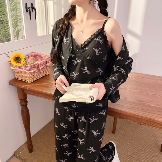 Ziwei Qifeng bow suspender pajamas for women with chest pad three-piece collar cardigan jacket long-sleeved home clothing set 13803 black three-piece set with chest pad 170 M suggestion 80-100