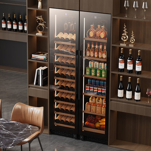 BAIKAILUN double-door thermostatic wine cabinet with double-door brown glass seamlessly embedded in large-capacity air-cooled frost-free office home tea beverage liquor wine fruit preservation refrigerator 2 meters | brown glass dual temperature zone | hanging cup red wine display 241 bottles thin section
