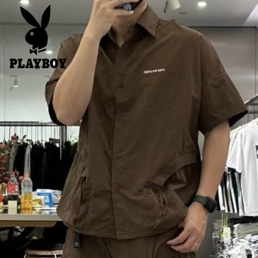 花花公子（PLAYBOY）潮流休闲运动套装男夏季凉感宽松简约翻领衬衫短袖短裤薄款两件套 9015衬衫黑色+6622短裤黑色 2XL 150-170斤