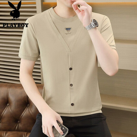 Playboy (Playboy) Summer NUEVA falsa camiseta de dos piezas 2025 Camiseta de manga corta Men a moda de moda transpirable a media manga de media manga Q6623 White XL [115-130Jin [Jin equivale a 0.5 kg]]]