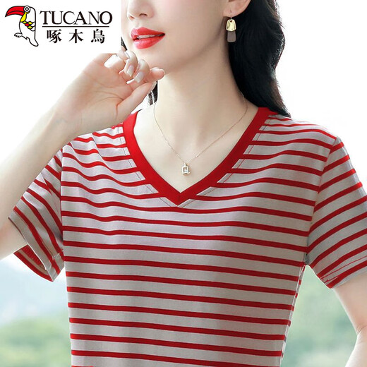 
Woodpecker Summer 2025 New Striped Cotton Short-Sleeved T-Shirt Women's Top Half Sleeve Middle-aged Mother Loose Large Size Slimming 838 Green M Recommended 90-105Jin [Jin equals 0.5 kg]
