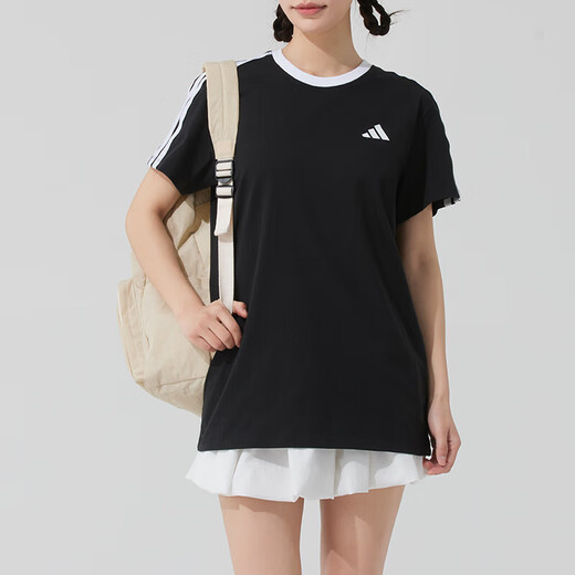 阿迪达斯 （adidas）女装运动套装25春季新款三条纹圆领短袖T恤直筒长裤运动裤 两件套 JY7612+JE1306 L