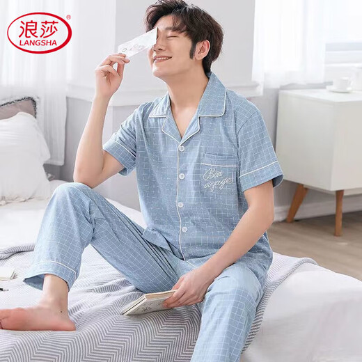 
LangSha Summer Pajamas Men's Short Sleeve Long Trousers Spring and Summer Middle-aged and Young Thin Men's Lapel Home Clothing Set Short SAD6624 L 100-130Jin [Jin equals 0.5 kg]