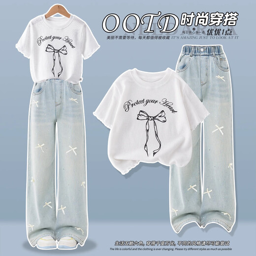 NICKYBABY girls summer suit 2025 new children's summer fashionable casual short-sleeved girls summer Korean jeans 13068 blue + 9981 white 160 cm