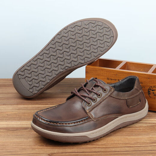Goldlion GY casual leather shoes for men genuine leather breathable wide-head retro 2025 new anti-slip nubuck leather retro hand-rubbed coffee color 42