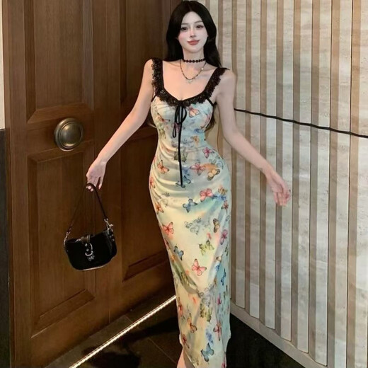 荣西图蝴蝶印花吊带连衣裙甜辣收腰夏季新款 短款【6628#】 S