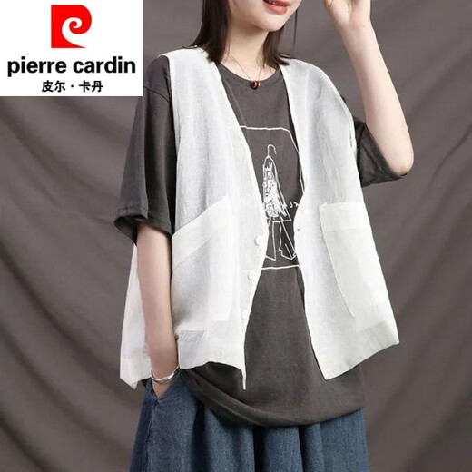 Pierre Cardin Retro Retro Literario V-Eck Color sólido Botón de algodón Cardigan Chaqueta Cardigan Short String Women Spring and Summer Nuevo estilo Outerwear 1387 Negro M