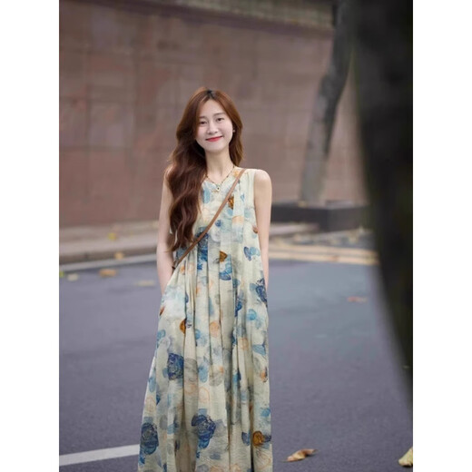 Luge Weste Kleid Retro Literary Temperament Neue chinesische Stil Frühling und Sommer langer Rock Frauenkleidung 2025 NEU NICE Design Sense Tinte Malerei Kleid L [vorgeschlagen 105-115jin [Jin gleich 0,5 kg]]
