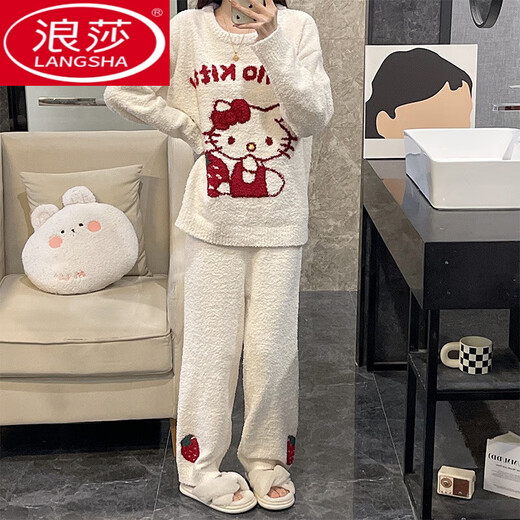 浪莎（LangSha）睡衣女秋冬季软绵绵半边绒珊瑚绒加厚2024新款kt猫大码家居服套装 TX-9901-白色 均码 (80-140斤)