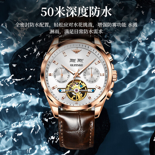 欧品客十大品牌瑞士认证手表男全自动机械表男士手表夜光防水商务男士表 皮带玫白【终身质保】免费刻字 终身质保